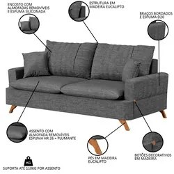 Sofá 180cm 3 Lugares com Almofadas Pés Curvos Veras Linho D05 Cinza Es