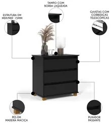 Cômoda para Quarto 3 Gavetas 68cm EJ Preto - EJ Móveis