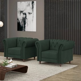 Kit 2 Poltronas Decorativas Sala de Estar Stanford Chesterfield Pés de Madeira Couro Verde G58 - Gran Belo