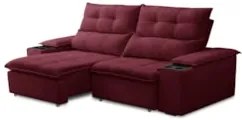 Sofá Retrátil 3 Lugares com Porta Copo 210cm Malta F05 Veludo Bordô -
