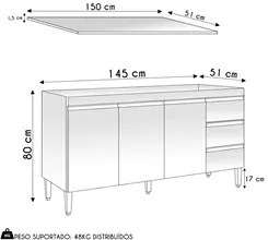 Balcão de Cozinha Com Tampo 150cm 3 Gavetas Andréia Amêndoa/Preto - AJ