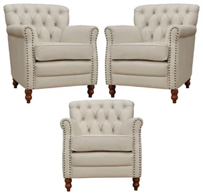 Kit 03 Poltronas Decorativas Sala de Estar Níger Pés Madeira Couro Off White G58 - Gran Belo