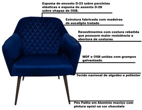 Poltrona Decorativa Versalhes Pés Palito Chocolate Veludo Azul Royal G15 - Gran Belo