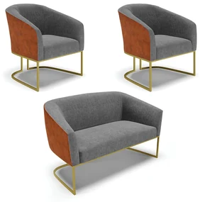 Namoradeira e 2 Poltronas Industrial Dourado Stella Noz/Linho Grafite D03 - D'Rossi