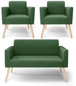 Sofá Namoradeira com 2 Poltronas Pés Palito Natural Marisa Suede Verde D03 - D'Rossi