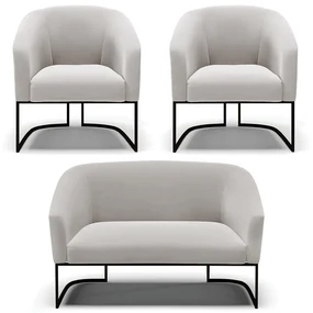 Namoradeira e 2 Poltronas Industrial Preto Stella Veludo Cinza D03 - D'Rossi