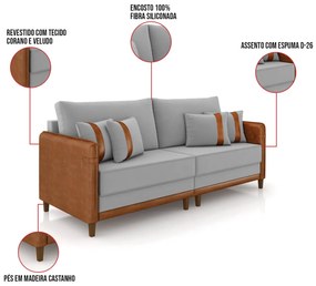 Sofá 3 Lugares Living 192cm Pé Madeira Valença Nozes/Veludo Cinza K01 - D'Rossi