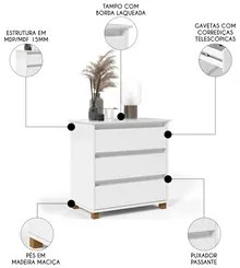 Cômoda para Quarto 3 Gavetas 68cm EJ Branco - EJ Móveis