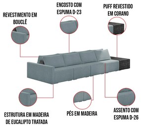 Sofá Ilha 4 Lugares Living 512cm Modulado Sala Lary Bouclê Azul/PU Pto K01 - D'Rossi