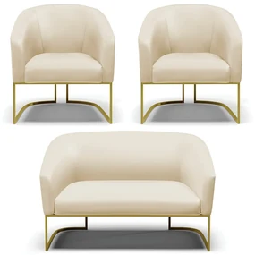 Namoradeira e 2 Poltronas Industrial Dourado Stella Sintético D03 - D'Rossi - Bege