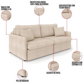 Sofá Retrátil Reclinável 3 Lugares 194cm Maili Bouclê K01 - D'Rossi - Creme