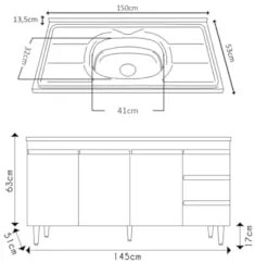 Balcão Gabinete com Pia Inox 150cm 3 Portas 3 Gavetas Andréia Preto To