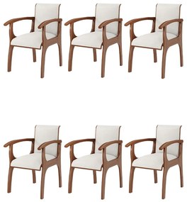 Kit 6 Cadeiras Decorativa Sala de Jantar Madeira Maciça Pedri com Braço Linho Off White/Imbuia G42 - Gran Belo
