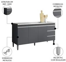 Balcão de Cozinha Com Pia Inox 160cm 3 Gavetas Andréia Cinza - AJL Móv