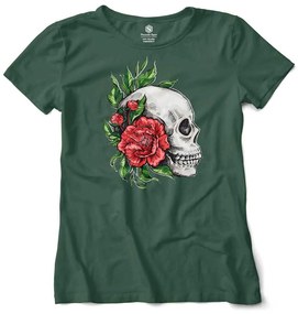 Camiseta Feminina Baby Look Caveira e Rosas Vermelhas - Verde Musgo - GG