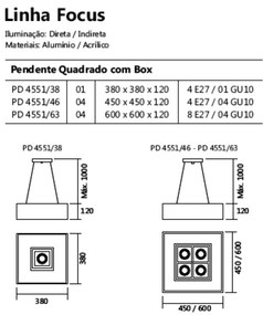 Pendente Quadrado Focus C/ 04 Box 8L E27 / 4L Gu10 60X60X12Cm | Usina... (AV-M - Avelã Metálico)