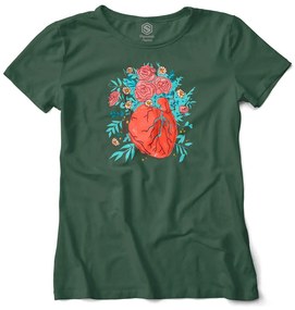 Camiseta Baby Look Coração Florido de Amor - Verde Musgo - G