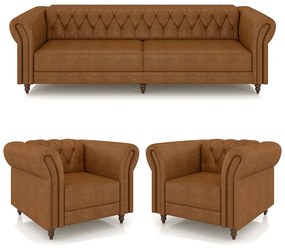 Conjunto Sala de Estar 1 Sofá Living 260cm e 2 Poltronas Stanford Chesterfield Pés Madeira Couro Mel Manchado G58 - Gran Belo