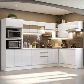 Armário de Cozinha Completa de Canto 100% MDF 448 cm Frentes Branco Brilho Smart Madesa 01 Cor:Branco