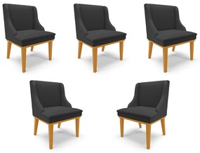 Kit 5 Cadeiras Decorativas Sala de Jantar Base Fixa de Madeira Firenze PU Preto Fosco/Castanho G19 - Gran Belo
