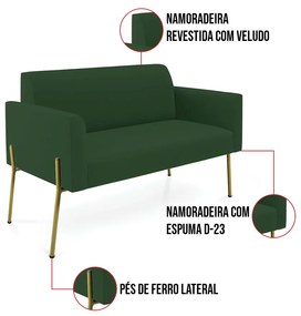 Sofá Namoradeira e Poltrona Pé de Ferro Dourado Salão Marisa Veludo D03 - D'Rossi - Verde