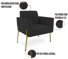 Poltrona Pé de Ferro Dourado para Recepção Marisa Veludo Preto D03 - D'Rossi