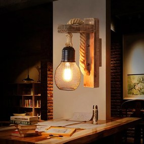 Arandela Luminária Loft americano industrial retro lâmpada de parede e27 madeira led corredor varanda luz parede para barra sala estar gaiola ferro pendurar arandela - A