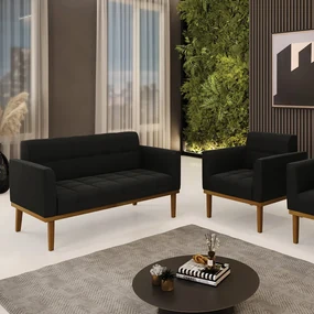 Conjunto Poltrona e Namoradeira Decorativas Karen Pés Fixo em Madeira Castanho Suede Preto G19 - Gran Belo