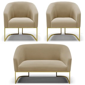 Namoradeira e 2 Poltronas Base Industrial Dourado Stella Suede D03 - D'Rossi - Marrom Rato