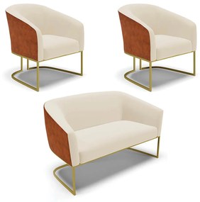 Namoradeira 2 Poltronas Industrial Dourado Stella Noz/Linho D03 - D'Rossi - Bege