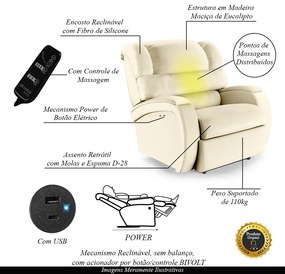 Poltrona do Papai Reclinável Napoli Power Touch Massagem PU Bege FH1 - D'Rossi