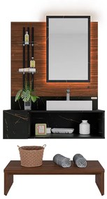 Conjunto de Banheiro Painel com Espelho e Gabinete Safira Imbuia/Reali/Preto - Vizzato - Preto