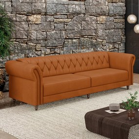 Sofá Living Sala de Estar Stanford Chesterfield 3 Lugares 260cm Pés de Madeira Couro Terracota G58 - Gran Belo