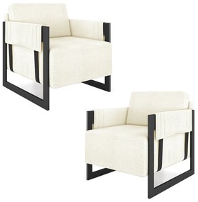 Kit 2 Poltronas Decorativa Sala de Estar Moria Base em Ferro Bouclê Preto/Off White G33 - Gran Belo