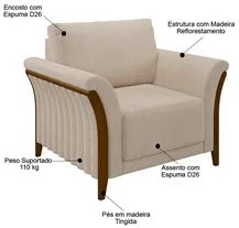 Poltrona Decorativa Sala de Estar 102cm Pés Madeira Roya M22 Linho Cru