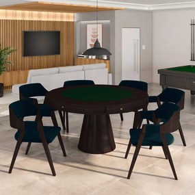 Conjunto Mesa de Jogos Carteado Bellagio Tampo Reversível e 6 Cadeiras Madeira Poker Base Cone Veludo Azul Marinho/Tabaco G42 - Gran Belo