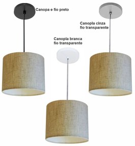 Luminária Pendente Vivare Free Lux Md-4105 Cúpula em Tecido - Rustico-Bege - Canopla cinza e fio transparente
