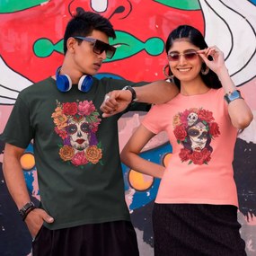 Camiseta Unissex Caveira Mexicana Mulher Dia de Los Muertos 2 - Preto - GG