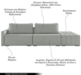 Sofá Ilha Modulado Milos 252cm Puff Lateral Veludo Cinza G33 - Gran Belo