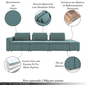 Sofá Ilha com Encosto e Almofadas Móveis Olimpo 395cm Modulado Veludo Azul Turqueza G45 - Gran Belo