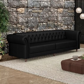 Sofá Living Sala de Estar Stanford Chesterfield 3 Lugares 240cm Pés de Madeira Couro Preto Brilho G58 - Gran Belo