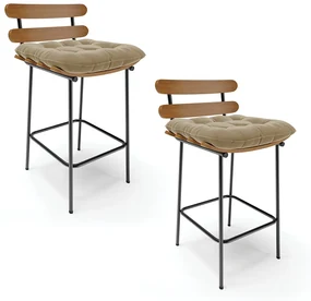 Kit 02 Banquetas Costela Suede Base Metálica Preto - D'Rossi - Marrom Rato
