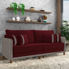 Sofá Living Montecarlo 3 Lugares Bipartido 232cm Pés em Madeira Veludo/PU Bordô/Cinza G33 - Gran Belo