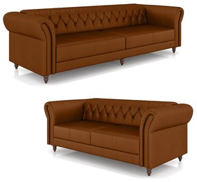 Conjunto de Sofá Sala de Estar Stanford Chesterfield 2 e 3 Lugares 200cm/240cm Pés Madeira Couro Caramelo G58 - Gran Belo