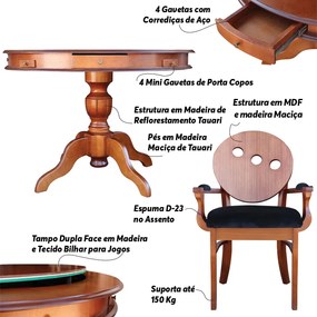 Conjunto Mesa e Poltrona de Jogos Carteado 2 Lugares J-Bonomo e Teseu Redonda Tampo Reversível com Gavetas e Porta Copos Imbuia G08 G42 - Gran Belo