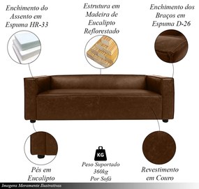 Sofá Decorativo Ryan 3 Lugares Sala de estar 220cm Couro Marrom Chocolate Manchado G40 - Gran Belo