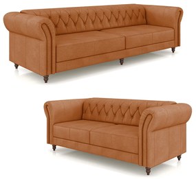 Conjunto de Sofá Sala de Estar Stanford Chesterfield 2 e 3 Lugares 180cm/240cm Pés Madeira Couro Terracota G58 - Gran Belo