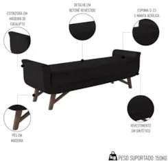 Puff Recamier Calçadeira 160cm Base Madeira Neville Z37 Sintético Pret