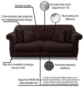 Sofá 2 Lugares Pé de Madeira Julieta 160 cm Suede Café S04 - D'Rossi