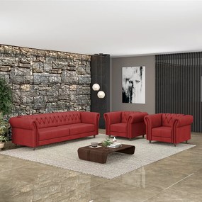 Conjunto Sala de Estar 1 Sofá Living 220cm e 2 Poltronas Stanford Chesterfield Pés Madeira Couro Vermelho G58 - Gran Belo